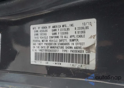 2014 Honda Accord Ex-L from USA, damaged, VIN 1HGCT1B85EA005517